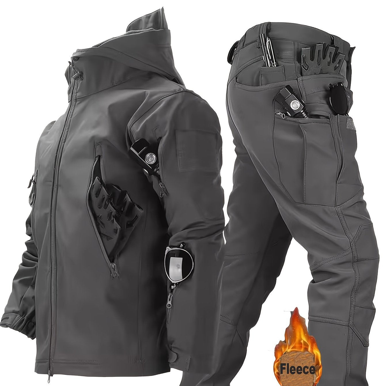Men'S Tactical 2pcs Set, Polyester Shark Skin Cycling Jacket with Hood, Waterproof Workwear, Casual Style, Solid Color, Regular Fit, for Hiking & Outdoor Activities