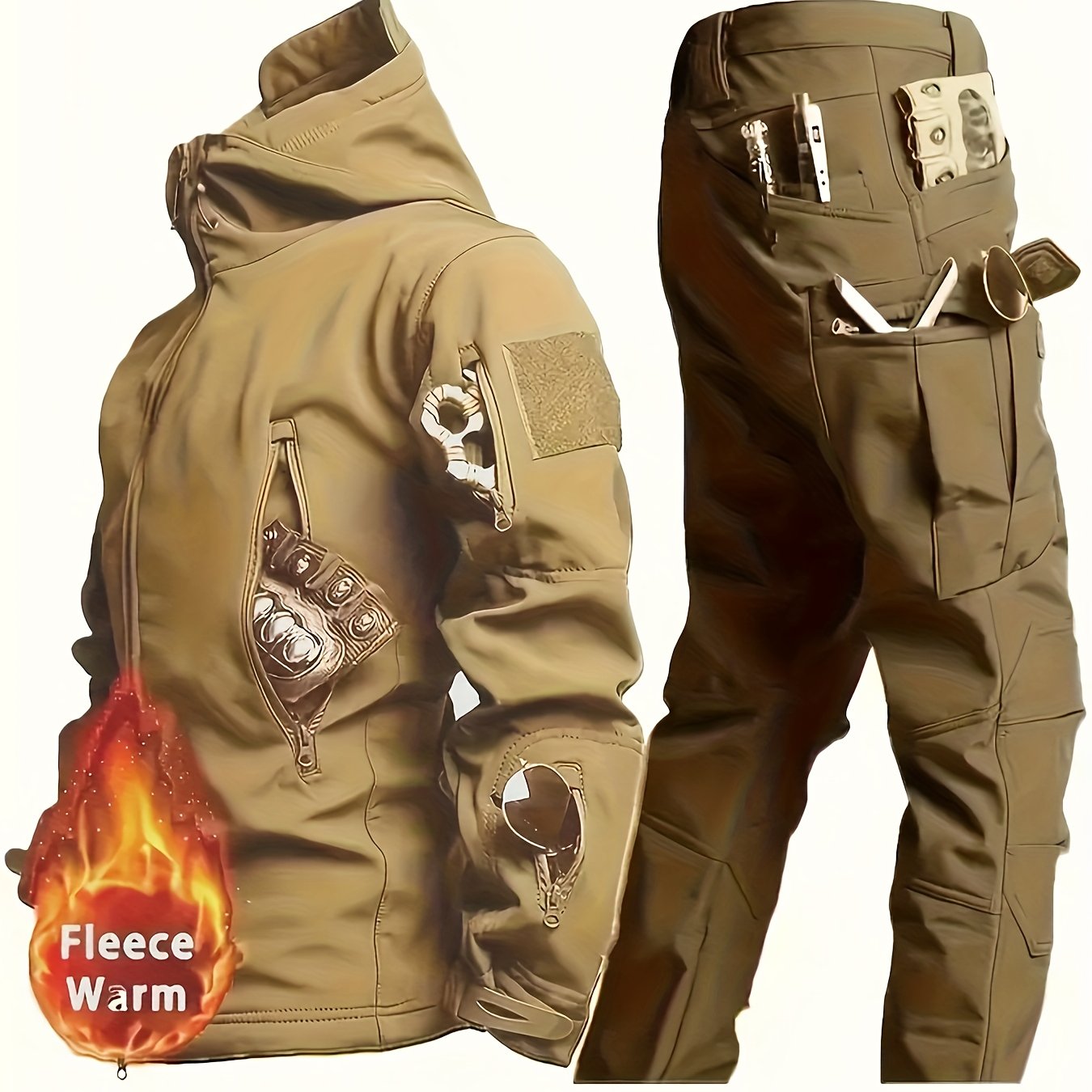 Men'S Tactical 2pcs Set, Polyester Shark Skin Cycling Jacket with Hood, Waterproof Workwear, Casual Style, Solid Color, Regular Fit, for Hiking & Outdoor Activities
