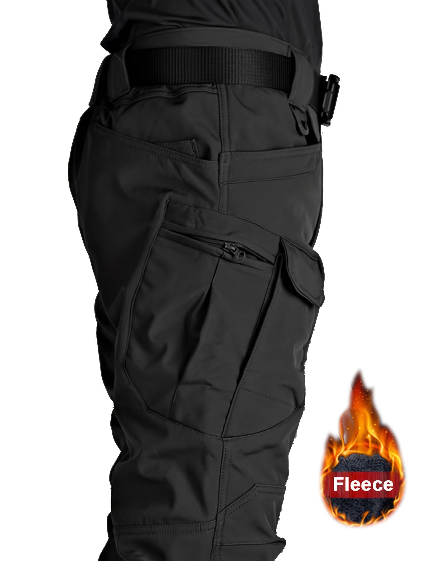 Warm Fleece-Lined Men's Tactical Pants - Polyester-Spandex Blend, Casual Style with Multiple Pockets & Adjustable Waistband for Winter Outdoor Activities