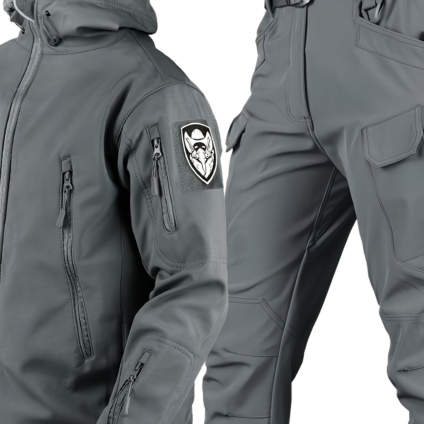 Men's Tactical Fleece Hooded Jacket & Pant Set - Windproof & Warm Winter Gear, Multi-Pocket Outdoor Casual Wear, Non-Stretch Fabric, Solid Color, Machine Washable - Perfect For Autumn And Winter