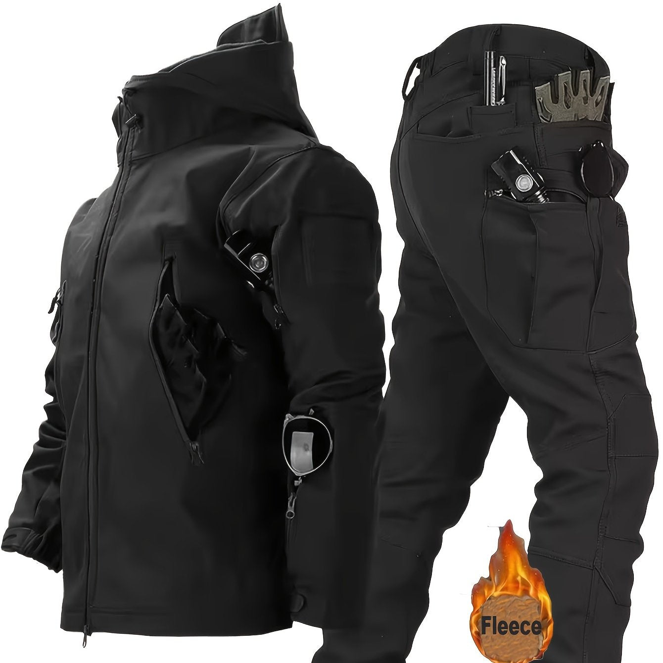 Men'S Tactical 2pcs Set, Polyester Shark Skin Cycling Jacket with Hood, Waterproof Workwear, Casual Style, Solid Color, Regular Fit, for Hiking & Outdoor Activities