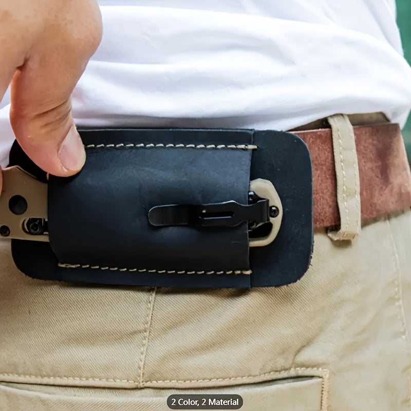 1pc Men's Tactical EDC Fanny Pack with PU Leather Folding Knife Sheath, Push-Out Design Belt Pouch for Pocket Knife, Non-Waterproof Faux Fur Material, Easy Carry Protective Storage Case