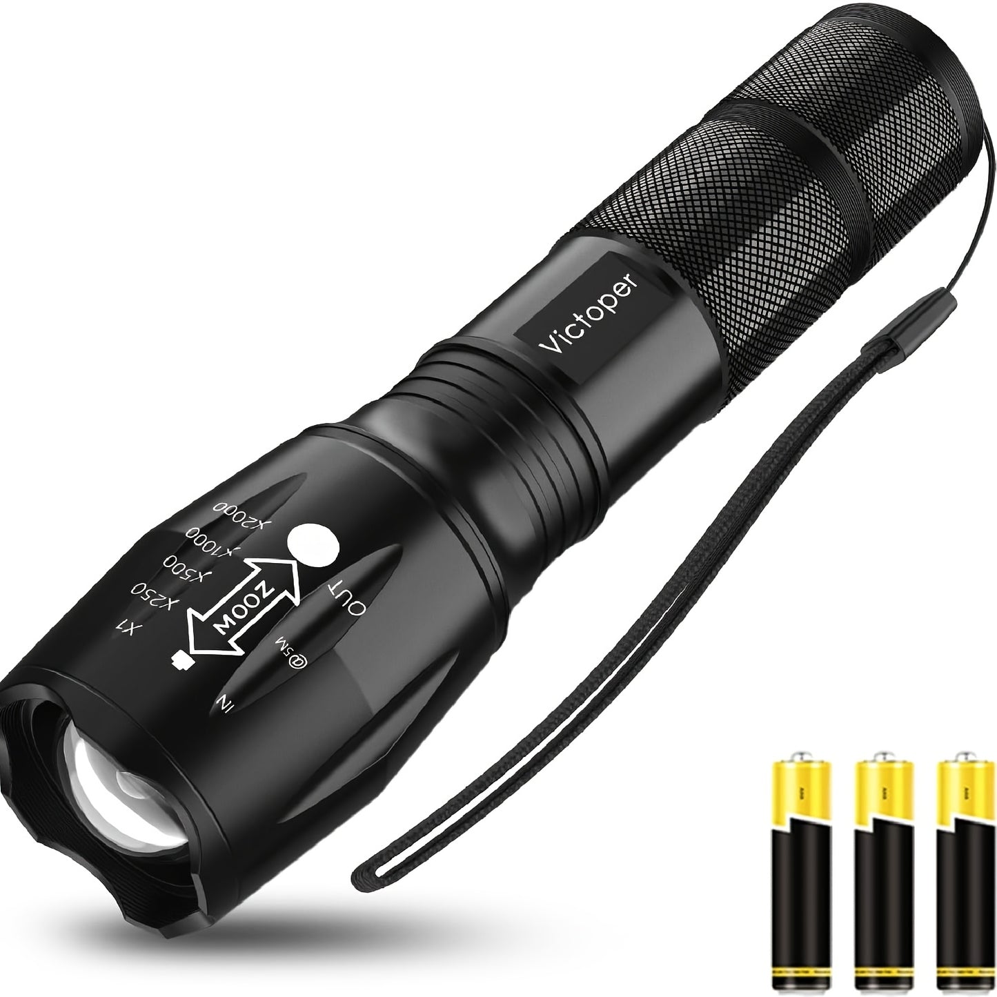 Two-piece Portable Tactical Flashlight, Battery-powered, Five Different Modes 2000 Lumens Up To 3 ½ Hours Of Battery Life, Comes With Free Batteries, Suitable For Camping, Hiking, Hunting And Outdoor Survival