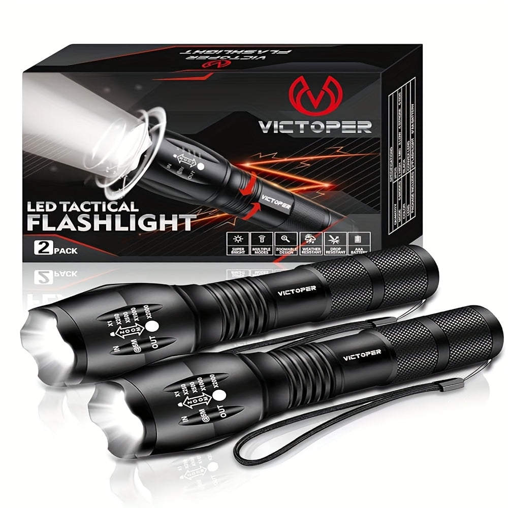 Two-piece Portable Tactical Flashlight, Battery-powered, Five Different Modes 2000 Lumens Up To 3 ½ Hours Of Battery Life, Comes With Free Batteries, Suitable For Camping, Hiking, Hunting And Outdoor Survival