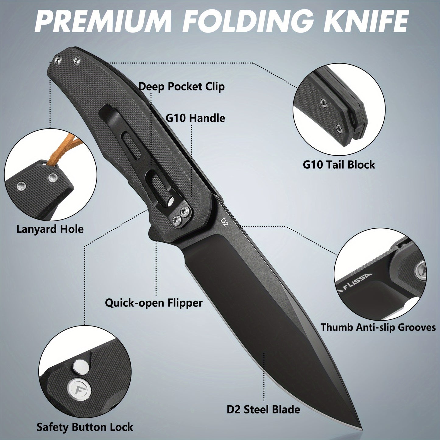 FLISSA Folding Pocket Knife, 4.5" G10 Handle EDC Knife With D2 Steel Blade, Button Lock And Pocket Clip, Tactical Knives For Men Women, Uesd For Outdoor, Survival, Hunting And Camping (Black)