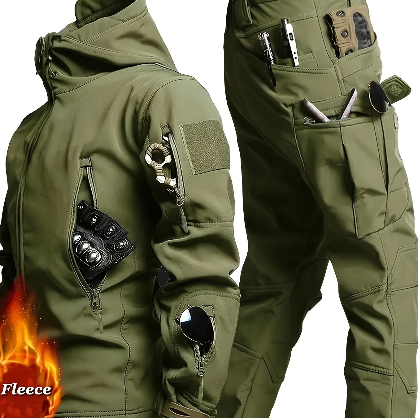Men'S Tactical 2pcs Set, Polyester Shark Skin Cycling Jacket with Hood, Waterproof Workwear, Casual Style, Solid Color, Regular Fit, for Hiking & Outdoor Activities