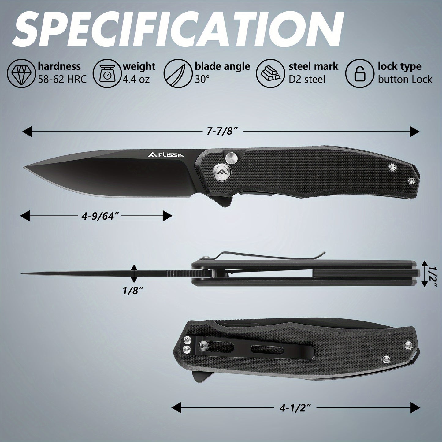 FLISSA Folding Pocket Knife, 4.5" G10 Handle EDC Knife With D2 Steel Blade, Button Lock And Pocket Clip, Tactical Knives For Men Women, Uesd For Outdoor, Survival, Hunting And Camping (Black)