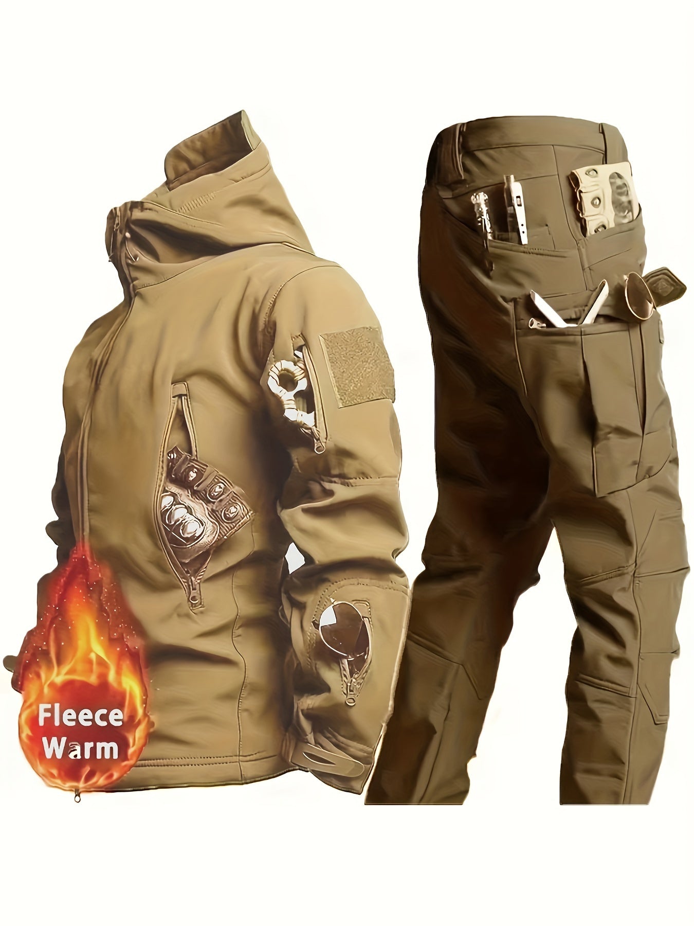 Men's Tactical Fleece Hooded Jacket & Pant Set - Windproof & Warm Winter Gear, Multi-Pocket Outdoor Casual Wear, Non-Stretch Fabric, Solid Color, Machine Washable - Perfect For Autumn And Winter
