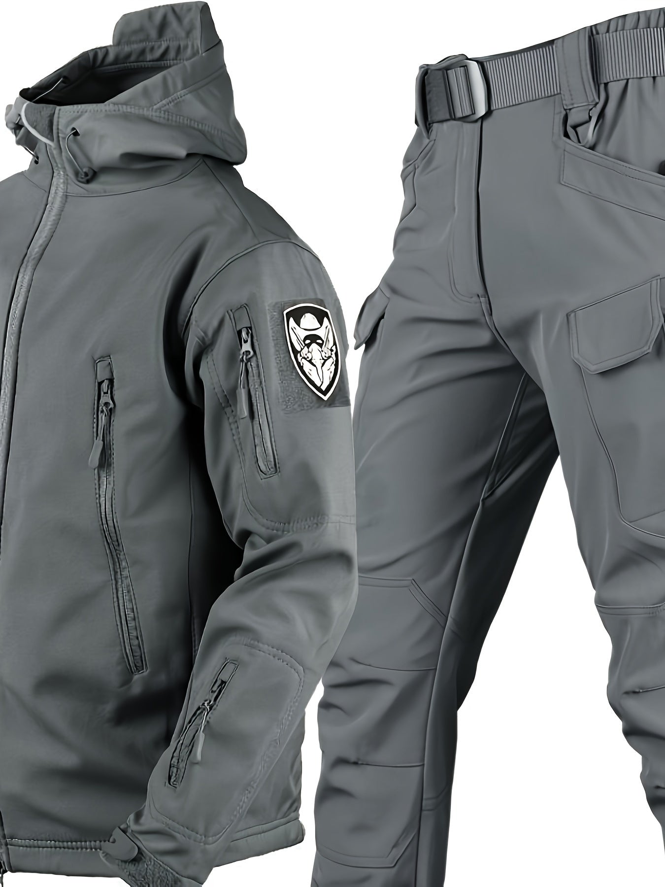 Men's Tactical Fleece Hooded Jacket & Pant Set - Windproof & Warm Winter Gear, Multi-Pocket Outdoor Casual Wear, Non-Stretch Fabric, Solid Color, Machine Washable - Perfect For Autumn And Winter
