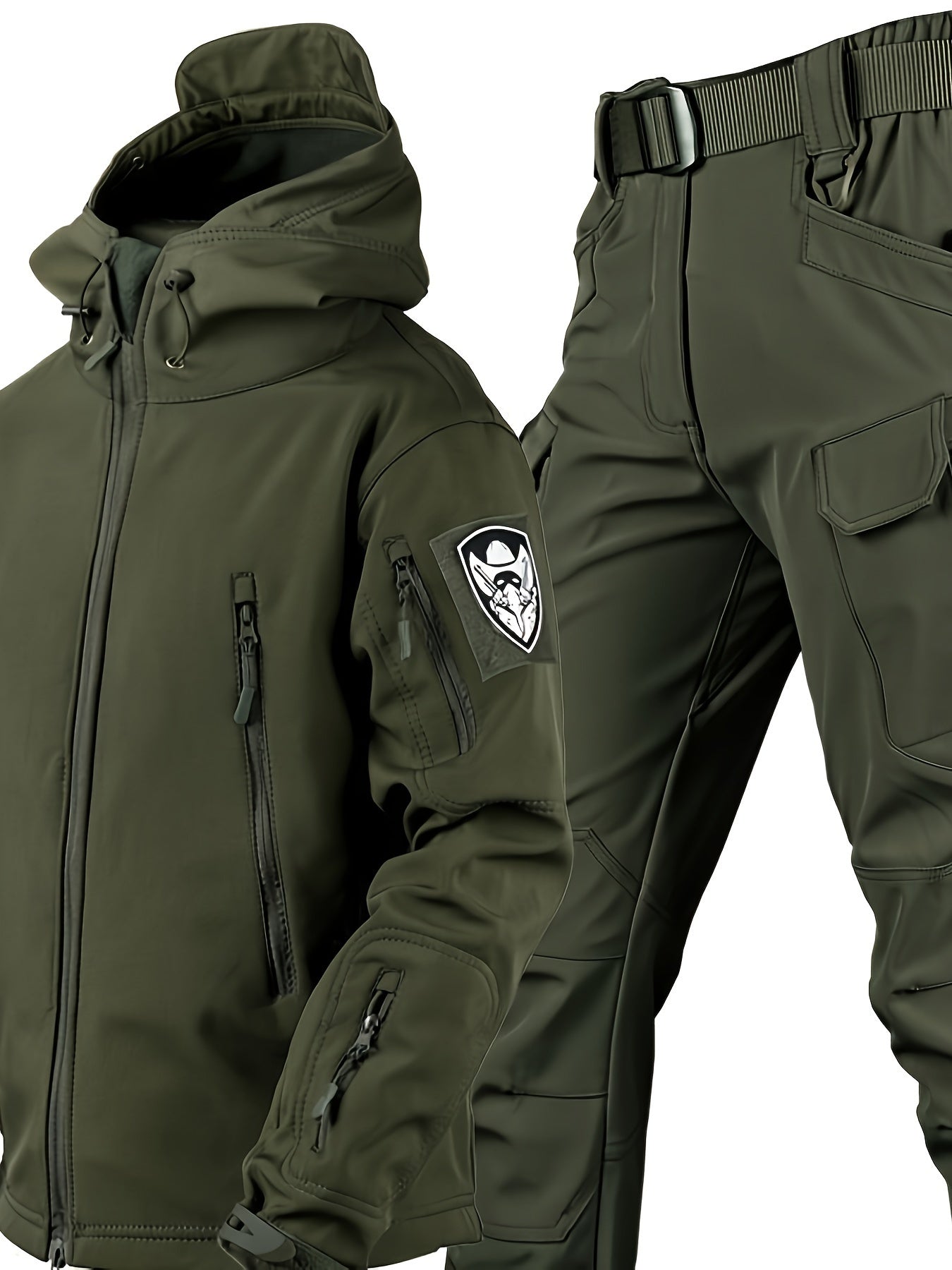 Men's Tactical Fleece Hooded Jacket & Pant Set - Windproof & Warm Winter Gear, Multi-Pocket Outdoor Casual Wear, Non-Stretch Fabric, Solid Color, Machine Washable - Perfect For Autumn And Winter