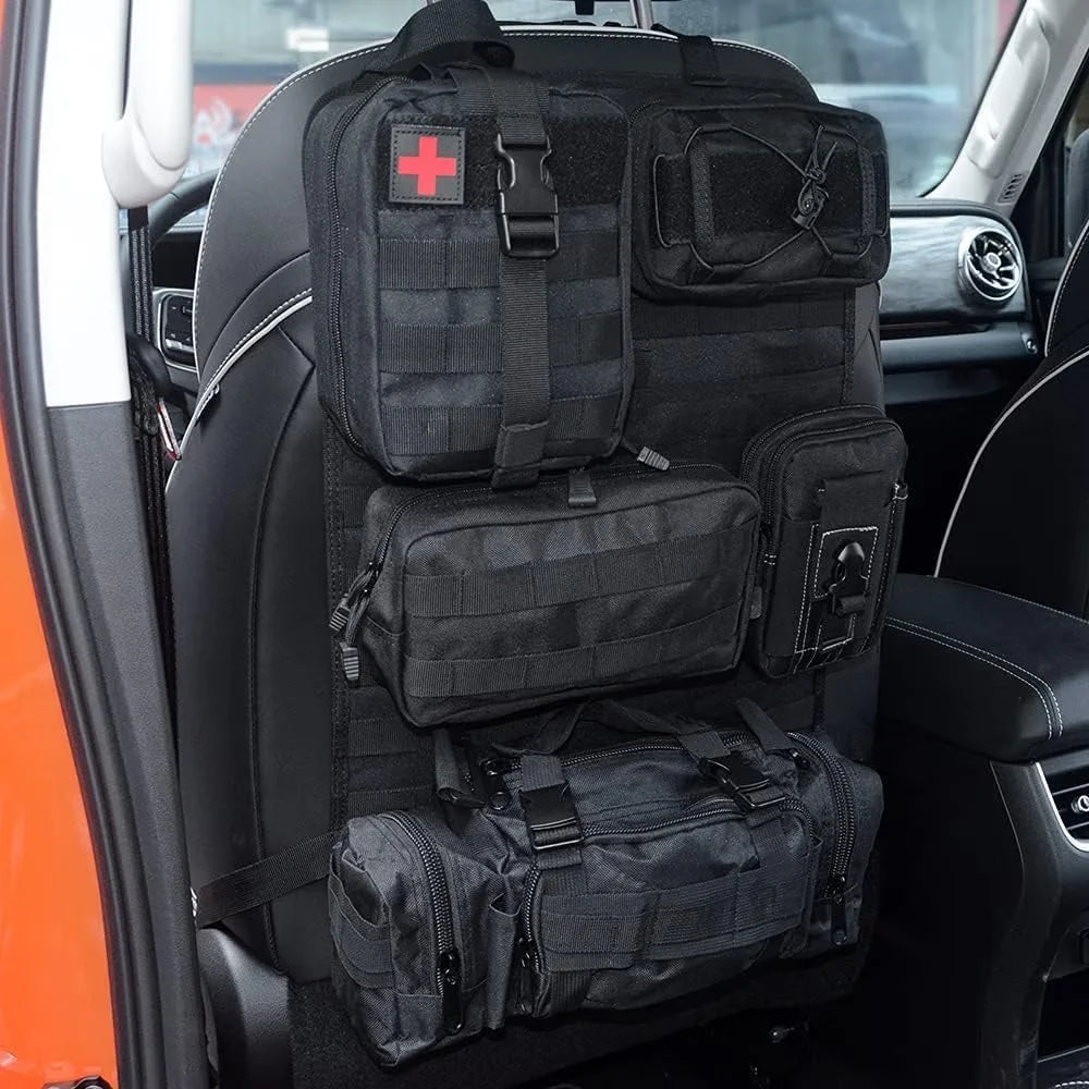 FCJ Molle Nylon Tactical Car Seat Protector with 5 Pockets Front Back Storage Organizer for All Vehicles Made of Premium Leather