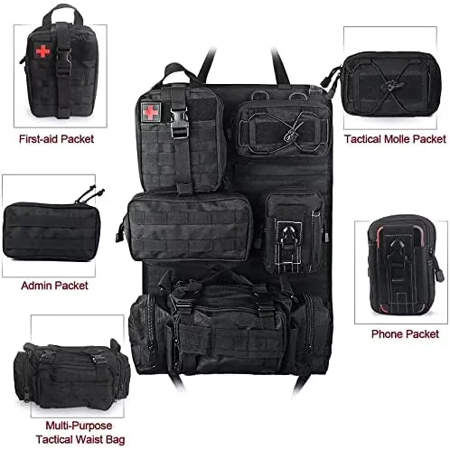 FCJ Molle Nylon Tactical Car Seat Protector with 5 Pockets Front Back Storage Organizer for All Vehicles Made of Premium Leather