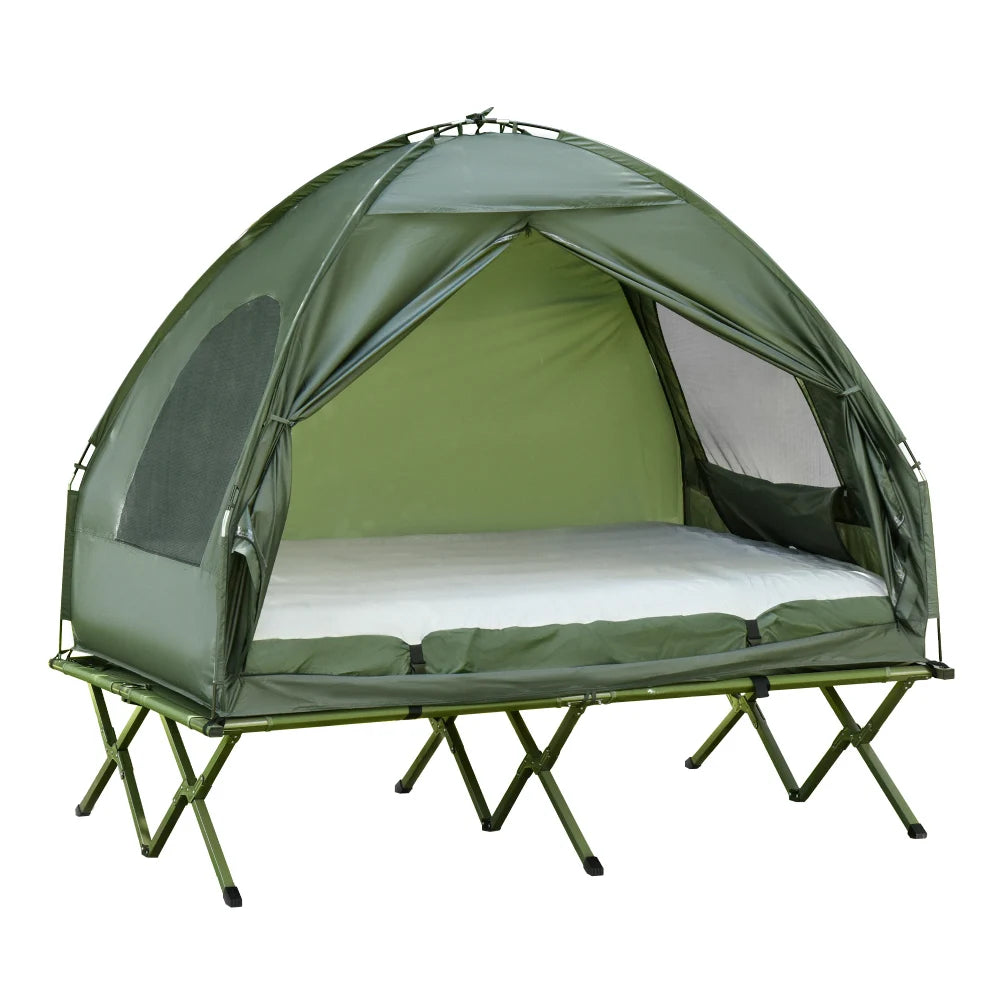 2 Person Foldable Camping Cot with Tent, Bedspread and Thick Air Mattress, 4-In-1 Elevated Camping Bed Tent