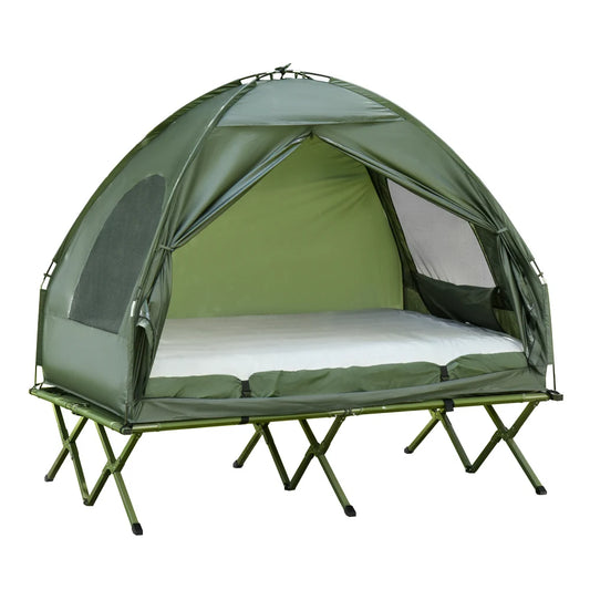 2 Person Foldable Camping Cot with Tent, Bedspread and Thick Air Mattress, 4-In-1 Elevated Camping Bed Tent