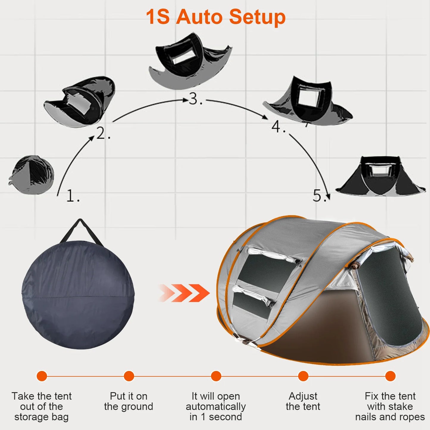 5-8 Person Pop up Tent Automatic Setup Camping Tent Waterproof Instant Setup Tent with 4 Mosquito Net Window Carrying Bag