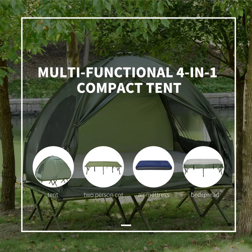 2 Person Foldable Camping Cot with Tent, Bedspread and Thick Air Mattress, 4-In-1 Elevated Camping Bed Tent
