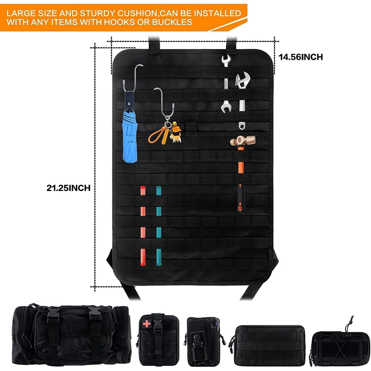 FCJ Molle Nylon Tactical Car Seat Protector with 5 Pockets Front Back Storage Organizer for All Vehicles Made of Premium Leather
