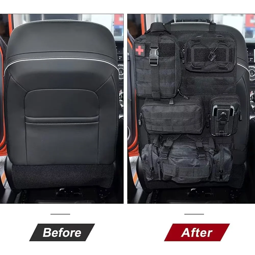 FCJ Molle Nylon Tactical Car Seat Protector with 5 Pockets Front Back Storage Organizer for All Vehicles Made of Premium Leather