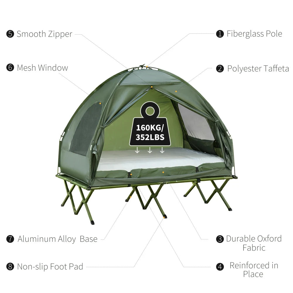 2 Person Foldable Camping Cot with Tent, Bedspread and Thick Air Mattress, 4-In-1 Elevated Camping Bed Tent