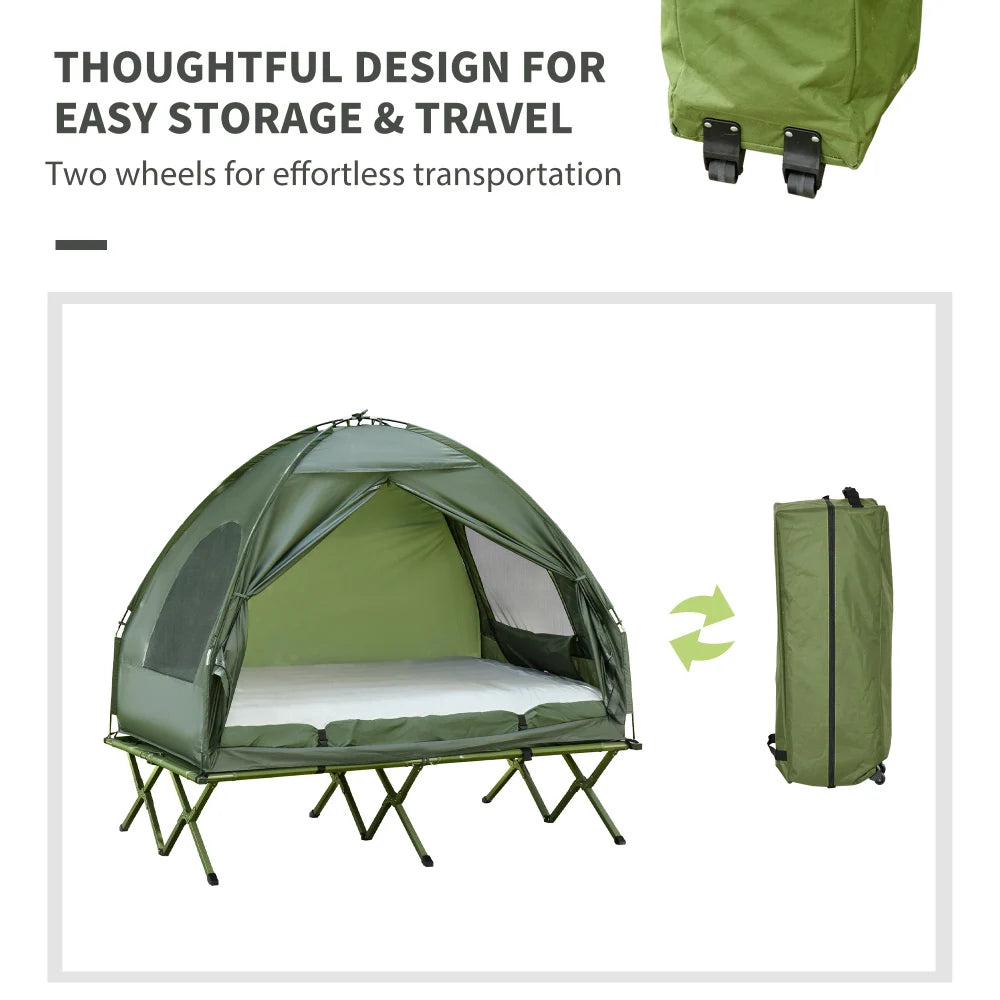 2 Person Foldable Camping Cot with Tent, Bedspread and Thick Air Mattress, 4-In-1 Elevated Camping Bed Tent