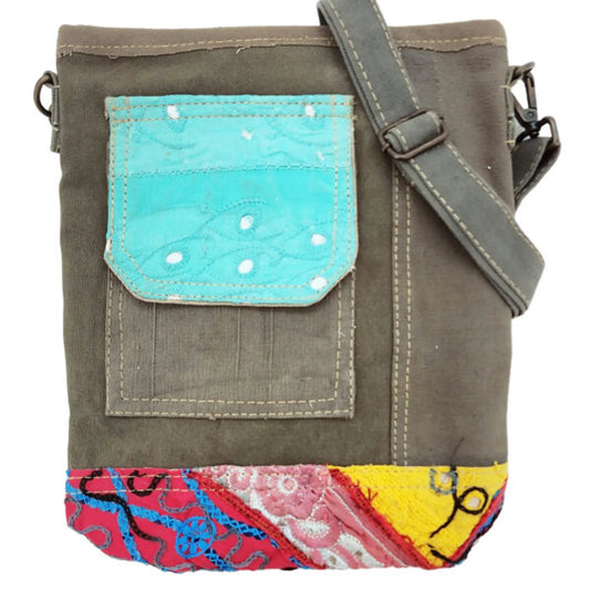 TD Recycled Crossbody Tent Travel Bag with Vintage Fabric Accented Pocket
