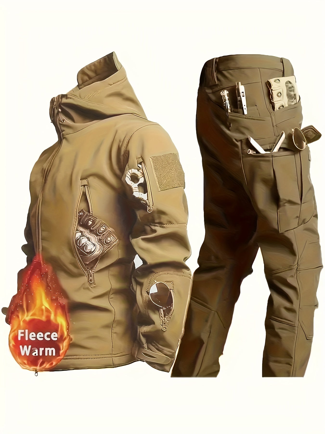 Men'S Tactical 2pcs Set, Polyester Shark Skin Cycling Jacket with Hood, Waterproof Workwear, Casual Style, Solid Color, Regular Fit, for Hiking & Outdoor Activities