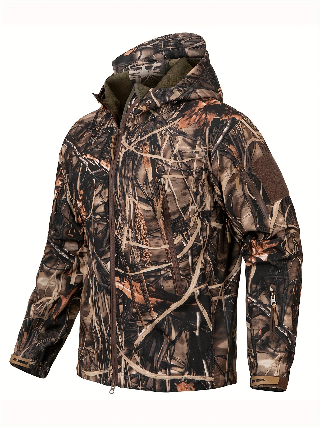 1pc Men'S Tactical Camouflage Hunting Jacket - Water-Resistant, Warm Fleece-Lined, Soft Shell Outdoor Hoodie Coat with Pockets, Zippered, Regular Fit, Polyester & Spandex, Winter Sports Gear