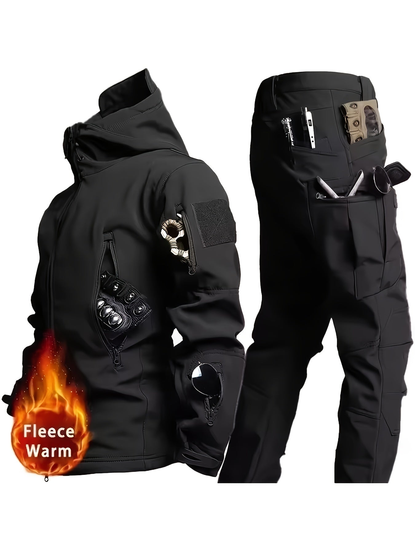 Men's Tactical Fleece Hooded Jacket & Pant Set - Windproof & Warm Winter Gear, Multi-Pocket Outdoor Casual Wear, Non-Stretch Fabric, Solid Color, Machine Washable - Perfect For Autumn And Winter