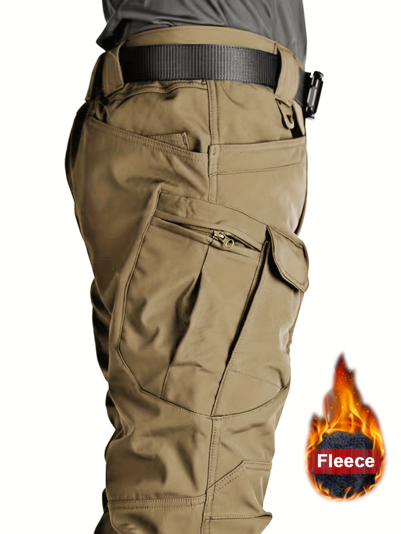 Warm Fleece-Lined Men's Tactical Pants - Polyester-Spandex Blend, Casual Style with Multiple Pockets & Adjustable Waistband for Winter Outdoor Activities