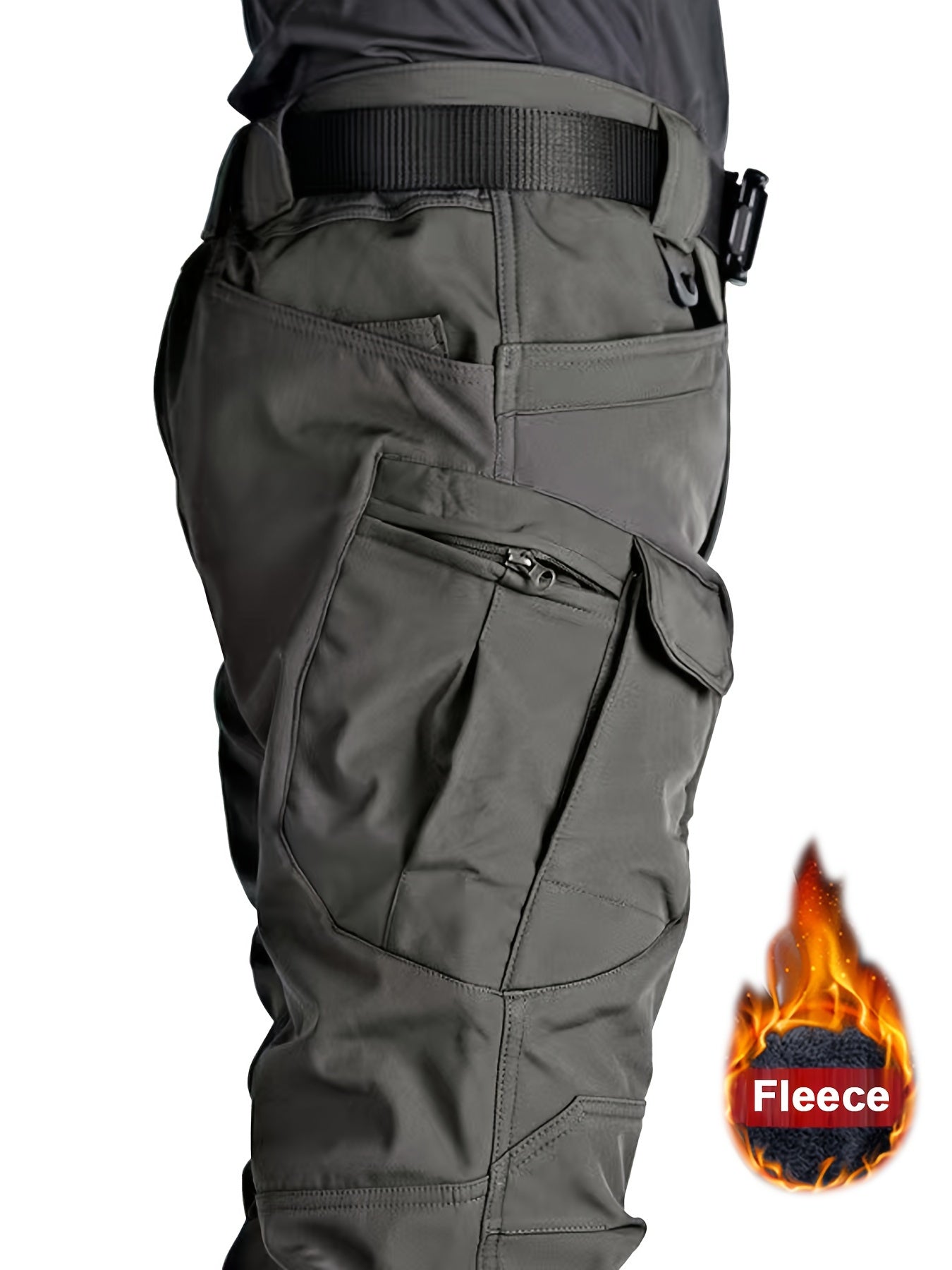 Warm Fleece-Lined Men's Tactical Pants - Polyester-Spandex Blend, Casual Style with Multiple Pockets & Adjustable Waistband for Winter Outdoor Activities