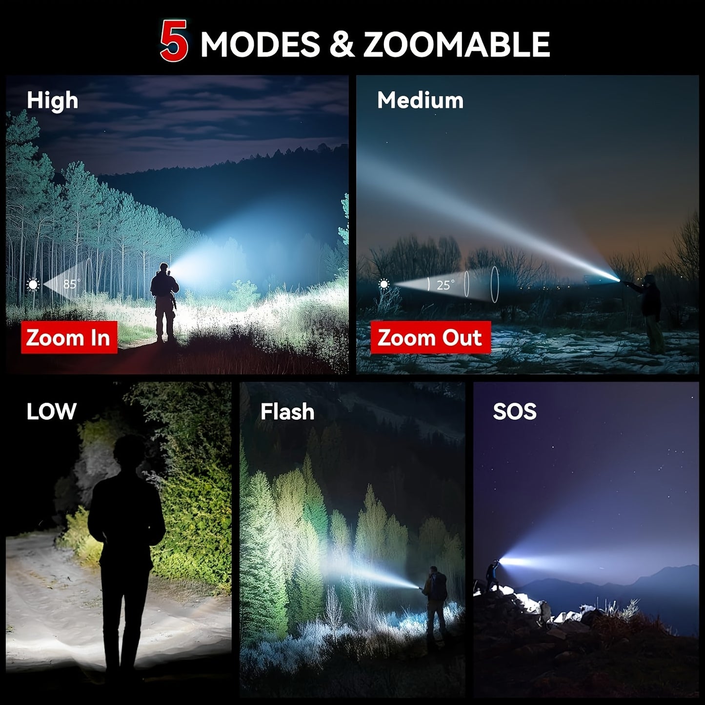 Two-piece Portable Tactical Flashlight, Battery-powered, Five Different Modes 2000 Lumens Up To 3 ½ Hours Of Battery Life, Comes With Free Batteries, Suitable For Camping, Hiking, Hunting And Outdoor Survival