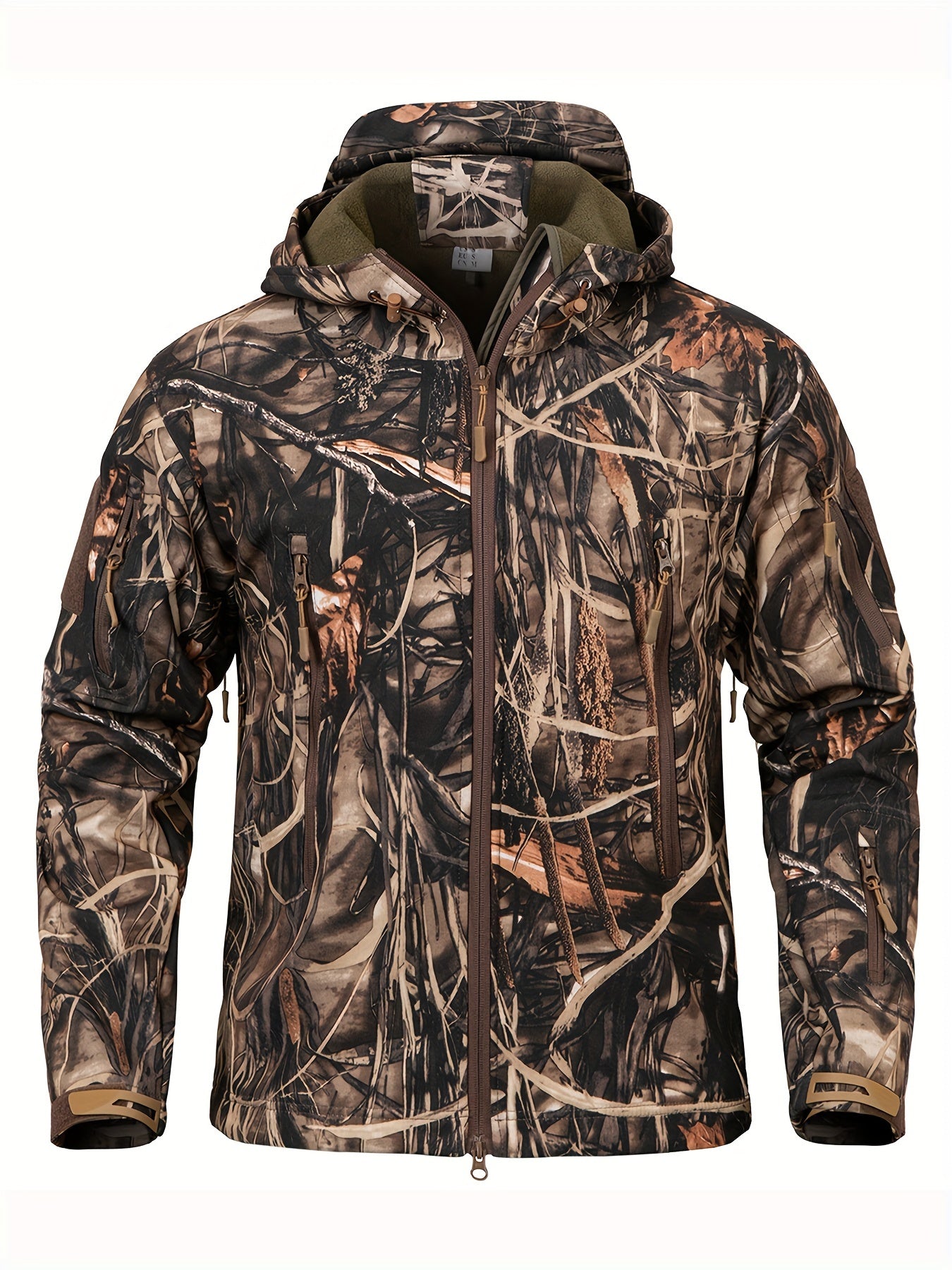 1pc Men'S Tactical Camouflage Hunting Jacket - Water-Resistant, Warm Fleece-Lined, Soft Shell Outdoor Hoodie Coat with Pockets, Zippered, Regular Fit, Polyester & Spandex, Winter Sports Gear