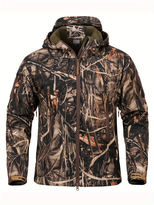 1pc Men'S Tactical Camouflage Hunting Jacket - Water-Resistant, Warm Fleece-Lined, Soft Shell Outdoor Hoodie Coat with Pockets, Zippered, Regular Fit, Polyester & Spandex, Winter Sports Gear