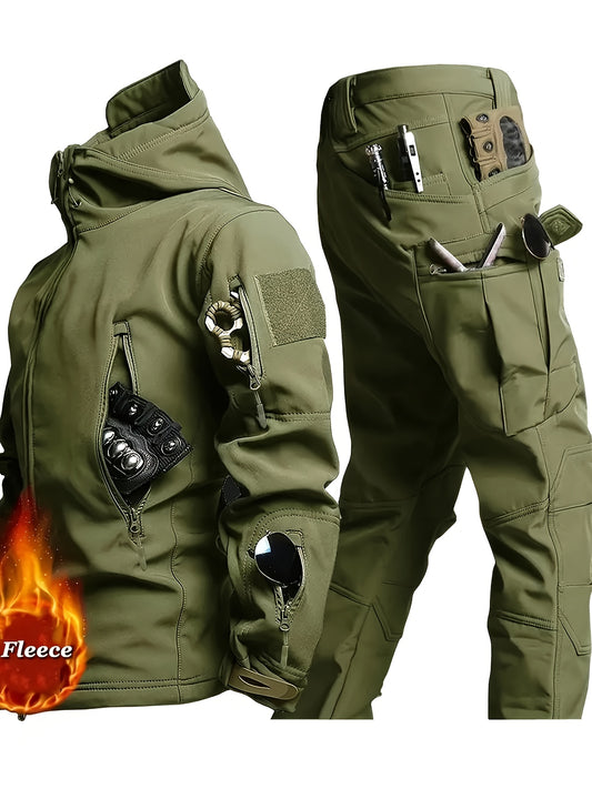 Men'S Tactical 2pcs Set, Polyester Shark Skin Cycling Jacket with Hood, Waterproof Workwear, Casual Style, Solid Color, Regular Fit, for Hiking & Outdoor Activities
