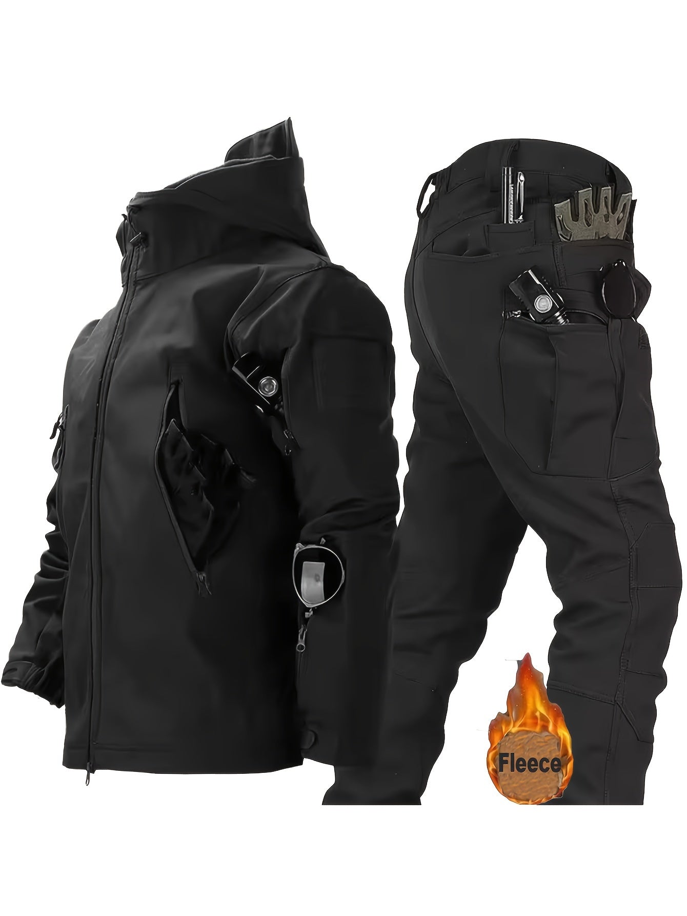 Men'S Tactical 2pcs Set, Polyester Shark Skin Cycling Jacket with Hood, Waterproof Workwear, Casual Style, Solid Color, Regular Fit, for Hiking & Outdoor Activities