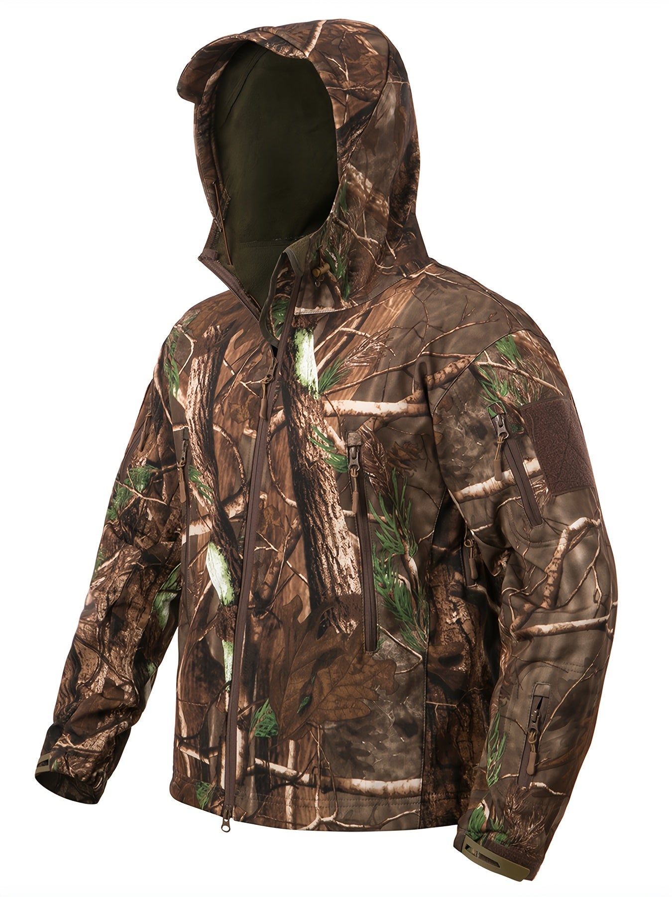 1pc Men'S Tactical Camouflage Hunting Jacket - Water-Resistant, Warm Fleece-Lined, Soft Shell Outdoor Hoodie Coat with Pockets, Zippered, Regular Fit, Polyester & Spandex, Winter Sports Gear