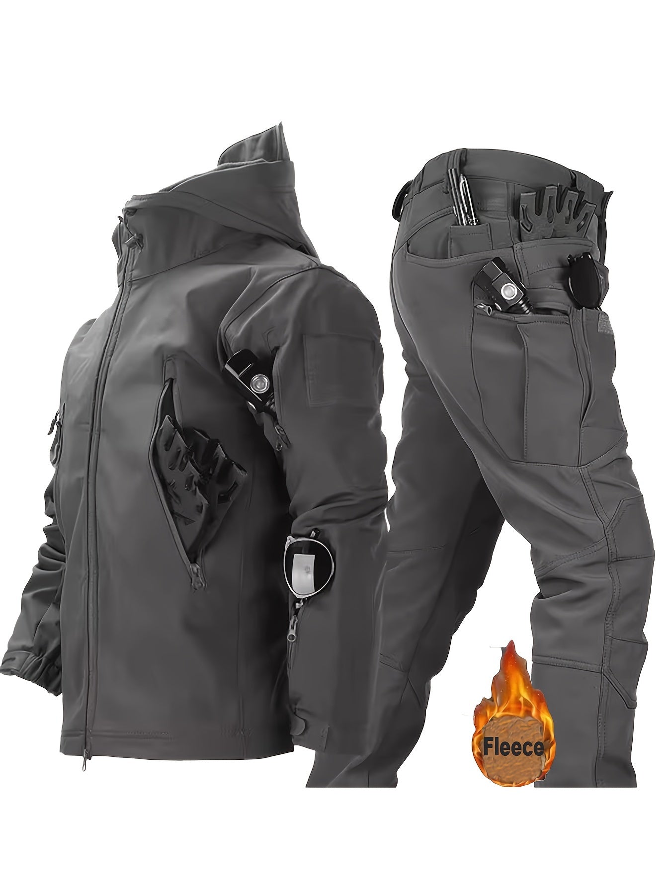 Men'S Tactical 2pcs Set, Polyester Shark Skin Cycling Jacket with Hood, Waterproof Workwear, Casual Style, Solid Color, Regular Fit, for Hiking & Outdoor Activities