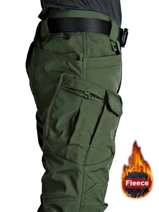 Warm Fleece-Lined Men's Tactical Pants - Polyester-Spandex Blend, Casual Style with Multiple Pockets & Adjustable Waistband for Winter Outdoor Activities