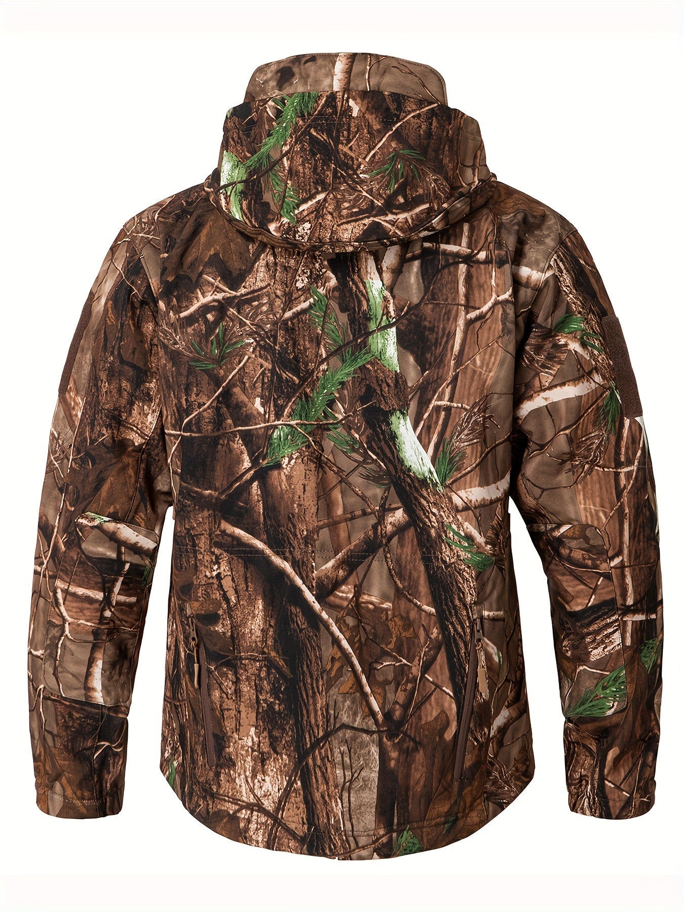 1pc Men'S Tactical Camouflage Hunting Jacket - Water-Resistant, Warm Fleece-Lined, Soft Shell Outdoor Hoodie Coat with Pockets, Zippered, Regular Fit, Polyester & Spandex, Winter Sports Gear