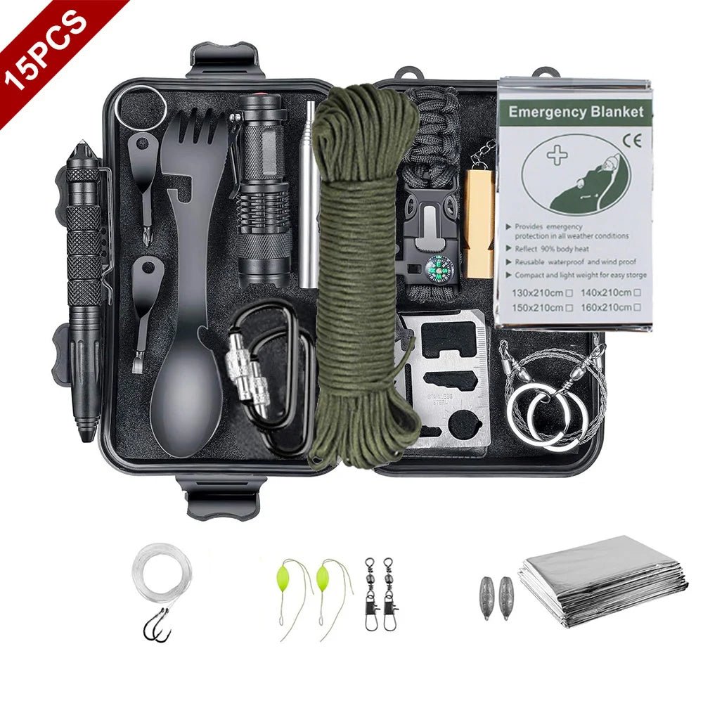 15 IN 1 Emergency Survival Kit Gear Camping Travel Multifunction Tactical Defense Equipment First Aid SOS Wilderness Adventure - Tactinest.com