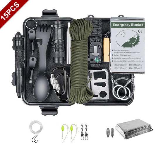 15 IN 1 Emergency Survival Kit Gear Camping Travel Multifunction Tactical Defense Equipment First Aid SOS Wilderness Adventure - Tactinest.com