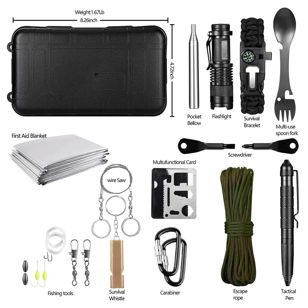 15 IN 1 Emergency Survival Kit Gear Camping Travel Multifunction Tactical Defense Equipment First Aid SOS Wilderness Adventure - Tactinest.com