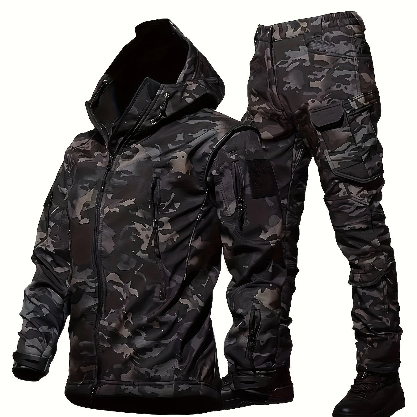 Men's Tactical Camouflage Set, Lightweight Polyester Softshell Jacket with Hood, Warm Fleece Lined Pants, Multi-Pocket Outdoor Gear for Hiking, Camping, Hunting, Running, Training, Casual Wear