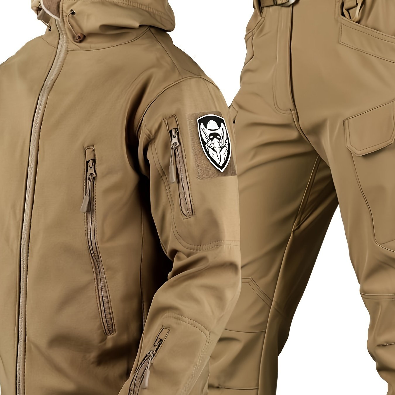 Men's Tactical Fleece Hooded Jacket & Pant Set - Windproof & Warm Winter Gear, Multi-Pocket Outdoor Casual Wear, Non-Stretch Fabric, Solid Color, Machine Washable - Perfect For Autumn And Winter