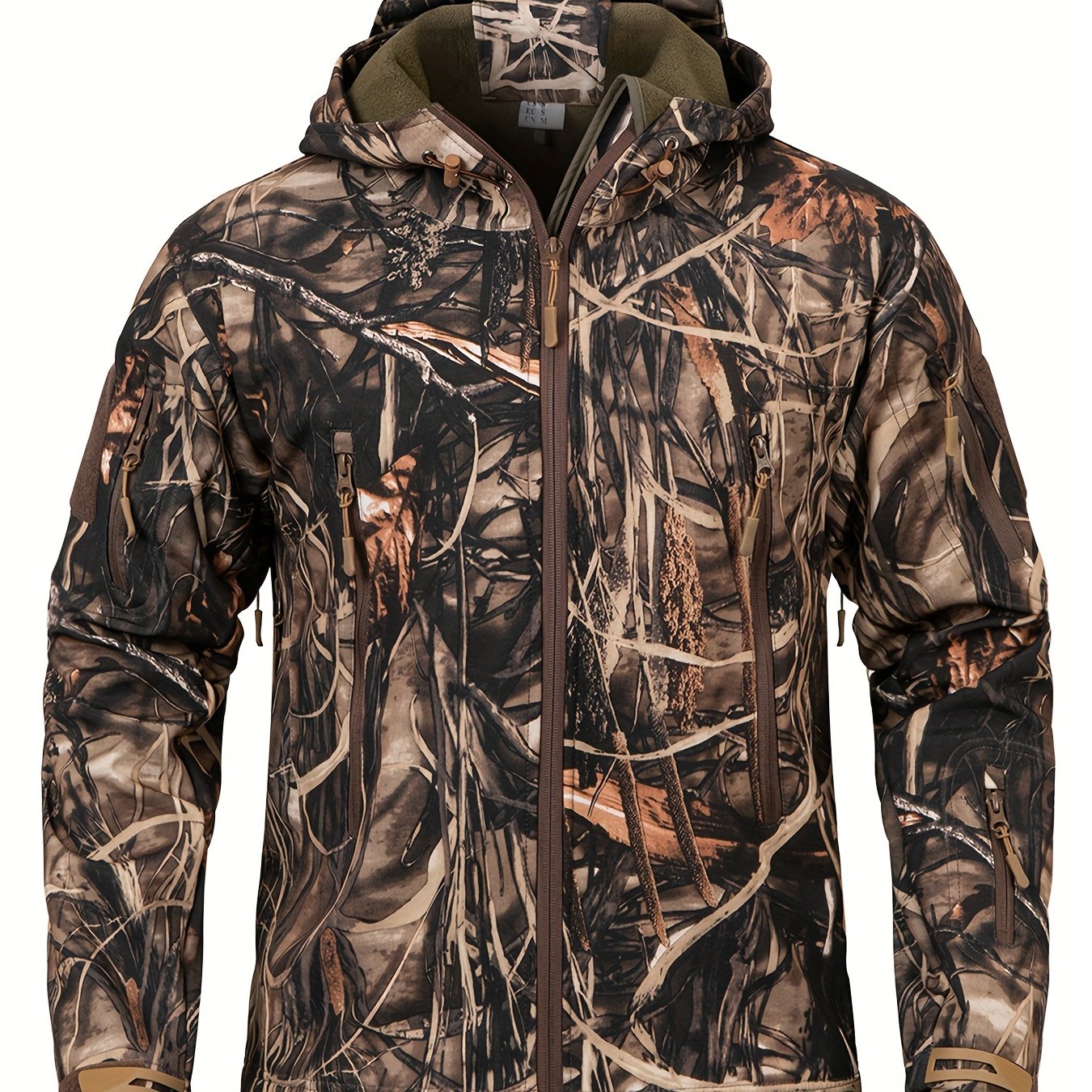 1pc Men'S Tactical Camouflage Hunting Jacket - Water-Resistant, Warm Fleece-Lined, Soft Shell Outdoor Hoodie Coat with Pockets, Zippered, Regular Fit, Polyester & Spandex, Winter Sports Gear