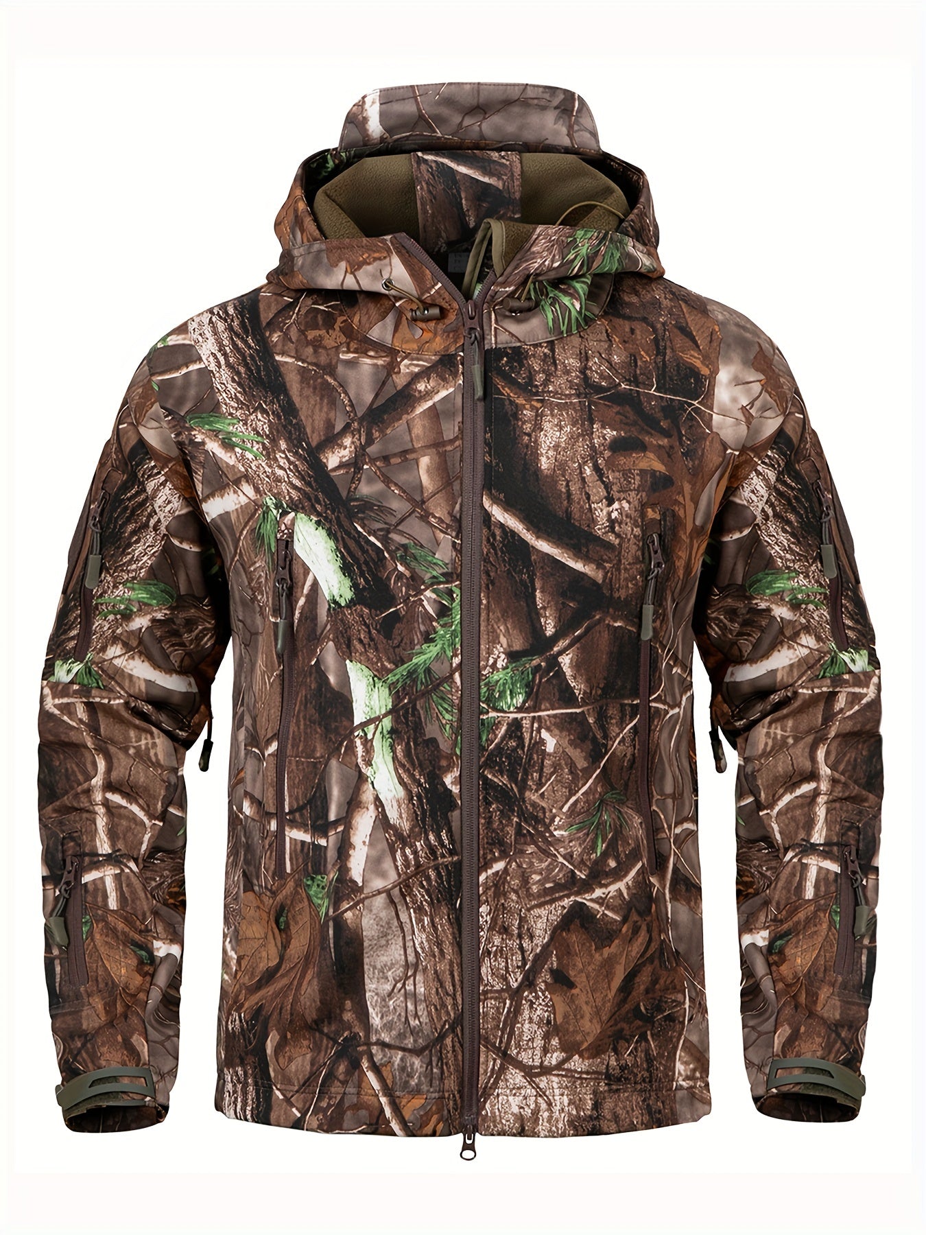 1pc Men'S Tactical Camouflage Hunting Jacket - Water-Resistant, Warm Fleece-Lined, Soft Shell Outdoor Hoodie Coat with Pockets, Zippered, Regular Fit, Polyester & Spandex, Winter Sports Gear