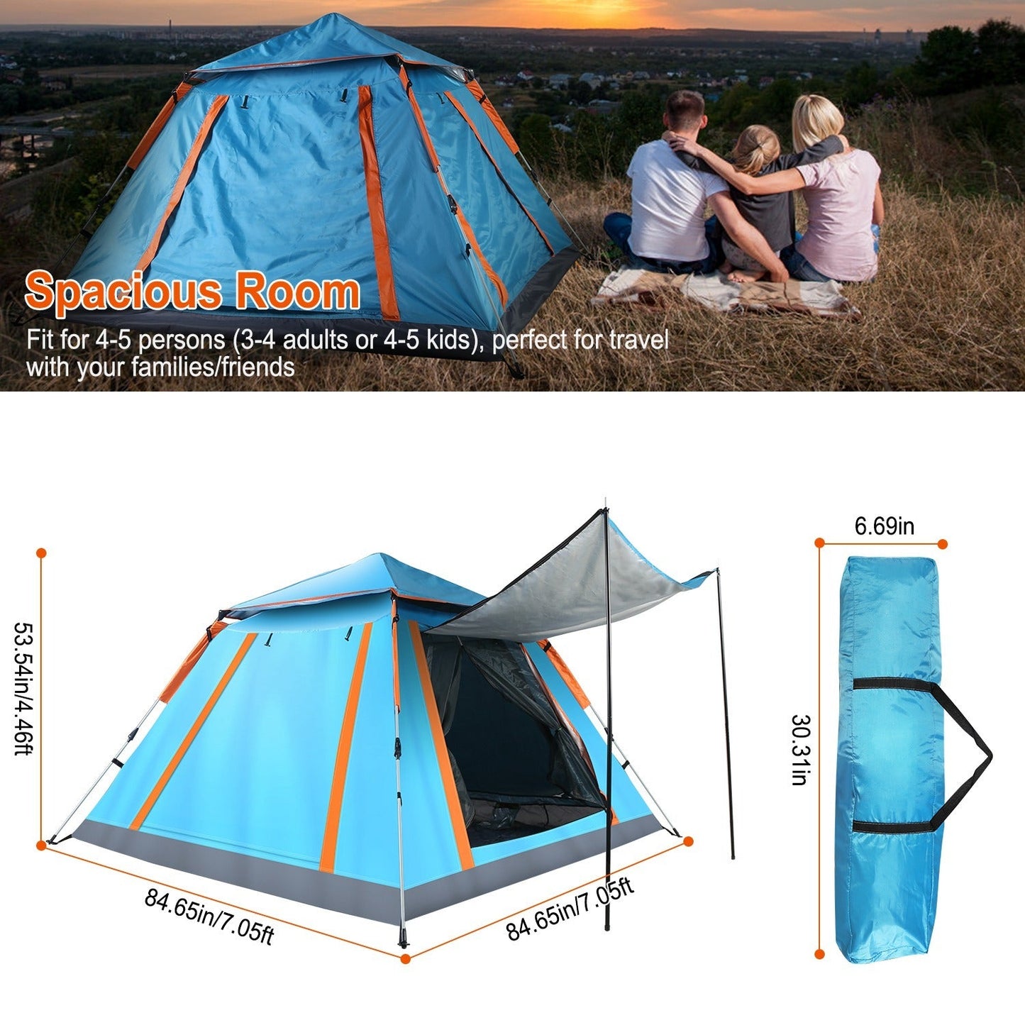1Pc 4 - 5 Person Camping Tent With 2 Mosquito Nets Windows Carry Bag Waterproof 7.05x7.05x4.46ft For Hiking Climbing Adventure Fishing Fedex Shipping - Tactinest.com