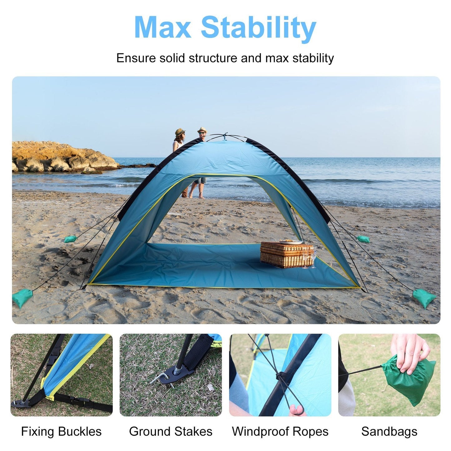 1Pc 4 - 6 Person Beach Tent Canopy With 3 Door Openings Carry Bag UPF50 Waterproof For Beach Picnic Camping Hiking Adventure Fishing - Tactinest.com