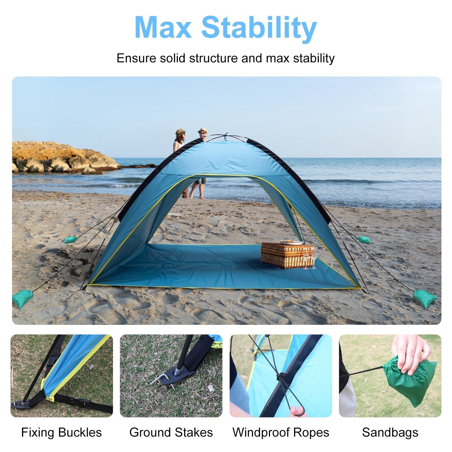 1Pc 4 - 6 Person Beach Tent Canopy With 3 Door Openings Carry Bag UPF50 Waterproof For Beach Picnic Camping Hiking Adventure Fishing - Tactinest.com