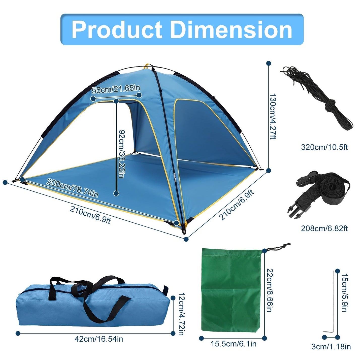 1Pc 4 - 6 Person Beach Tent Canopy With 3 Door Openings Carry Bag UPF50 Waterproof For Beach Picnic Camping Hiking Adventure Fishing - Tactinest.com